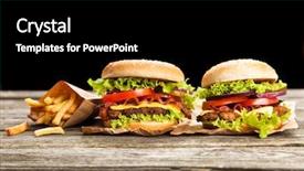  Presentation with gluten free bread on wooden - Slide deck consisting of junk fried food - delicious hamburger and french fries background and a black colored foreground