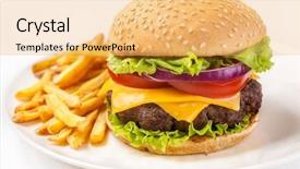  Presentation with hamburger - Cool new slide set with junk fried food - delicious hamburger with french fries backdrop and a yellow colored foreground