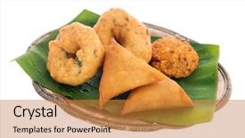  Presentation with indian traditional - Slides with junk fried food - traditional indian snack starter isolated background and a gold colored foreground