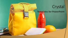  Presentation with wooden cross against the sky - Presentation theme consisting of jus de fruit - lunch bag on wooden tabletop background and a ocean colored foreground