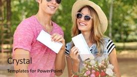  Presentation with married couple - PPT theme consisting of just married couple holding tickets in park background and a coral colored foreground