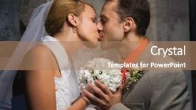  Presentation with married - Presentation theme consisting of just married couple kissing holding a round bouquet of white flowers background and a coral colored foreground