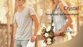  Presentation with married - PPT layouts having just married couple with suitcases walking in the street background and a coral colored foreground