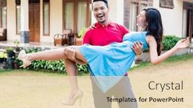  Presentation with married - Audience pleasing theme consisting of just married young man wearing casual clothes while carrying his wife towards their new house backdrop and a lemonade colored foreground