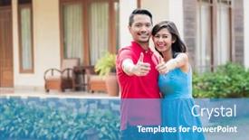  Presentation with married - PPT layouts featuring just married young man wearing casual clothes while carrying his wife towards their new house background and a teal colored foreground