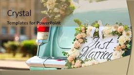  Presentation with married - Slides with beautiful wedding car with plate just married outdoors background and a coral colored foreground