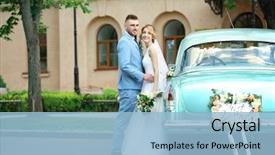  Presentation with wedding - Theme consisting of happy wedding couple near decorated car outdoors background and a light blue colored foreground
