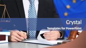  Presentation with judge - Cool new slide set with european court justice - male judge working with document backdrop and a ocean colored foreground