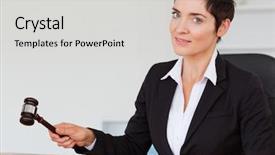  Presentation with judge gavel or law hammer - Audience pleasing slide deck consisting of european court justice - woman knocking a gavel backdrop and a light gray colored foreground