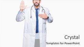  Presentation with young man on the phone - Amazing PPT theme having justice health - handsome young doctor man backdrop and a  colored foreground