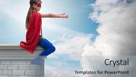  Presentation with evil - Slide deck featuring justice kids - little kid protecting the city background and a light blue colored foreground