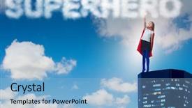  Presentation with evil - Amazing PPT theme having justice kids - little kid protecting the city backdrop and a light blue colored foreground