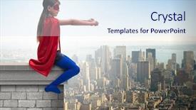  Presentation with evil - Slides with justice kids - little kid protecting the city background and a sky blue colored foreground