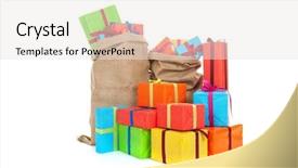  Presentation with sinterklaas - Audience pleasing PPT theme consisting of jute bags sinterklaas presents on white background backdrop and a sky blue colored foreground