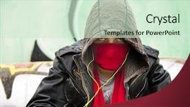  Presentation with nose - PPT layouts with juvenile - hooded figure wearing a scarf background and a soft green colored foreground