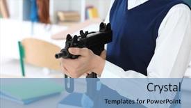  Presentation with ak 47 machine gun - Amazing presentation having juvenile justice - closeup of schoolboy holding machine backdrop and a  colored foreground