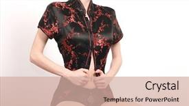  Presentation with asian - PPT layouts enhanced with kabuki - woman torso in asian shirt background and a soft green colored foreground