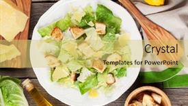  Presentation with top view of appetizing fresh - Beautiful slides featuring kaiser - fresh healthy caesar salad backdrop and a yellow colored foreground