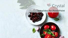  Presentation with tomato - Slide deck consisting of kalamata-olives-cherry-tomatoes-tomato background and a sky blue colored foreground