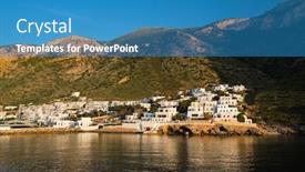  Presentation with island sunset - Colorful presentation design enhanced with kamares-town-on-sifnos-island backdrop and a teal colored foreground