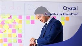  Presentation with whiteboard - Slide deck with kanban - young handsome employee in front background and a lemonade colored foreground