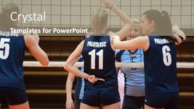  Presentation with deep blue - Amazing slide set having young happy beautiful woman in winter clothes stands near christmas tree on a white background backdrop and a sky blue colored foreground