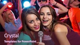  Presentation with fun - Cool new slide deck with karaoke - happy girl having fun singing backdrop and a tawny brown colored foreground