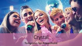  Presentation with party - PPT layouts having karaoke - portrait of joyous guys background and a coral colored foreground