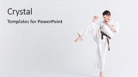  Presentation with kimono - PPT layouts with karate - male fighter in kimono posnig background and a white colored foreground