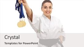  Presentation with gold medal ceremony - Slide deck consisting of karate girl showing gold medals background and a light gray colored foreground