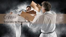  Presentation with karate - Presentation theme enhanced with karate-master-breaks-a-wooden background and a coral colored foreground