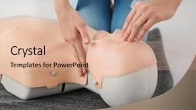  Presentation with first aid - Colorful presentation enhanced with kardiopulmonary rescucitation - woman practicing first aid backdrop and a  colored foreground