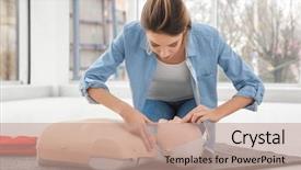  Presentation with first aid - Beautiful slides featuring kardiopulmonary rescucitation - young woman practicing first aid backdrop and a coral colored foreground