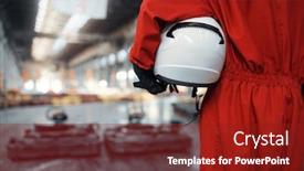  Presentation with security and drivers uniform - Colorful presentation design enhanced with kart-racer-in-uniform-holds backdrop and a crimson colored foreground