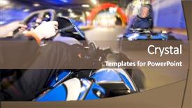  Presentation with finish line - Audience pleasing theme consisting of kart racing - two go-carts passing the finish backdrop and a coral colored foreground