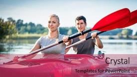  Presentation with paddle out - Slides enhanced with kayak - happy young couple holding paddle background and a red colored foreground