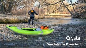  Presentation with spring water - Audience pleasing theme consisting of kayak on a river shore backdrop and a dark gray colored foreground