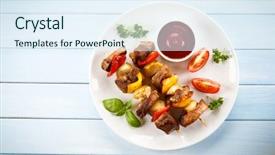  Presentation with poultry meat - PPT layouts featuring kebab - grilled meat and vegetables background and a sky blue colored foreground