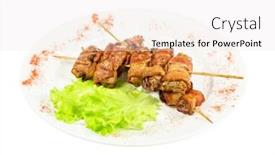  Presentation with liver - Beautiful slides featuring kebab from chicken liver wrapped with bacon and garlic sauce backdrop and a sky blue colored foreground