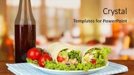  Presentation with kebab - PPT theme with kebab - grilled meat and vegetables on plate on wooden table on bright background background and a coral colored foreground