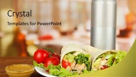  Presentation with kebab - Slides with kebab - grilled meat and vegetables on plate on wooden table on bright background background and a coral colored foreground