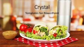  Presentation with kebab - Colorful PPT theme enhanced with kebab - grilled meat and vegetables on plate on wooden table on bright background backdrop and a lemonade colored foreground