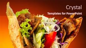 Presentation with kebab - Audience pleasing PPT theme consisting of kebab-grilled-meat-bread backdrop and a wine colored foreground