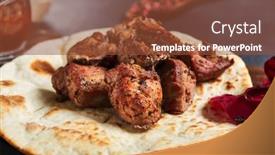  Presentation with kebab - Cool new slide set with kebab-with-garnish-on-flatbread backdrop and a tawny brown colored foreground