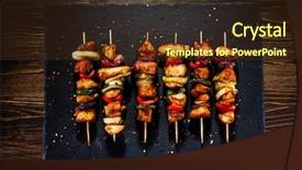  Presentation with meat poultry - Audience pleasing PPT theme consisting of kebabs - grilled meat and vegetables backdrop and a tawny brown colored foreground