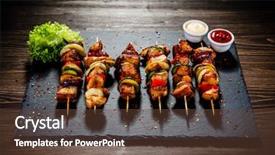  Presentation with meat poultry - Slides with kebabs - grilled meat and vegetables background and a tawny brown colored foreground