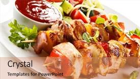  Presentation with meat poultry - Presentation design consisting of kebabs - grilled meat and vegetables background and a  colored foreground