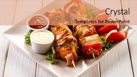  Presentation with fresh fruits vegetables dairy meat - Slide set having kebabs - grilled meat and vegetables background and a coral colored foreground