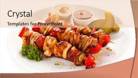  Presentation with fresh fruits vegetables dairy meat - Presentation design featuring kebabs - grilled meat and vegetables background and a lemonade colored foreground