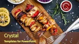  Presentation with grilled - Colorful slide set enhanced with kebabs - grilled meat and vegetables backdrop and a tawny brown colored foreground